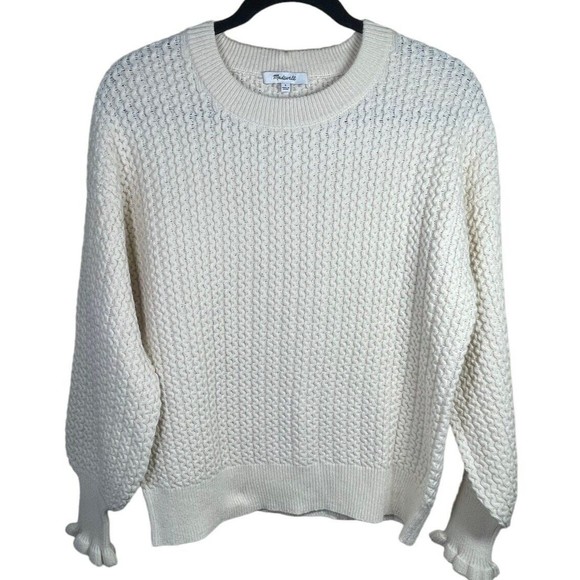Madewell Ardmore Ruffle-Cuff Pullover Sweater Size Small Ivory Wool Blend‎ - Picture 3 of 13